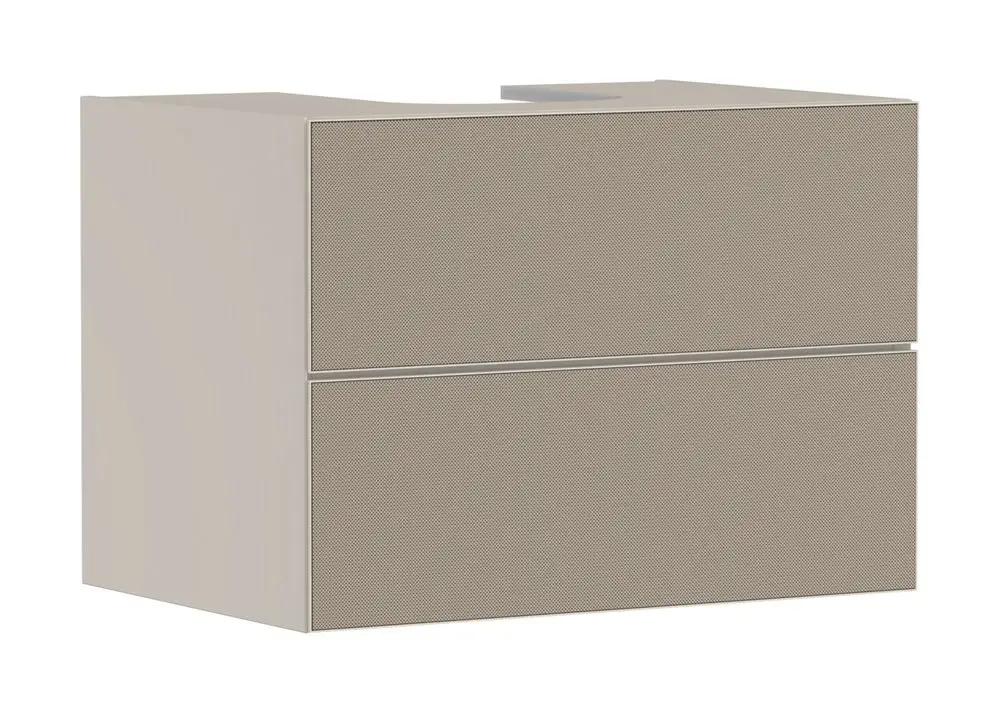 Waschtischunterschrank in sandbeige Matt von Hansgrohe, ausgestattet mit zwei Schubkästen, für einen Aufsatzwaschtisch. Moderne, schlichte Gestaltung.